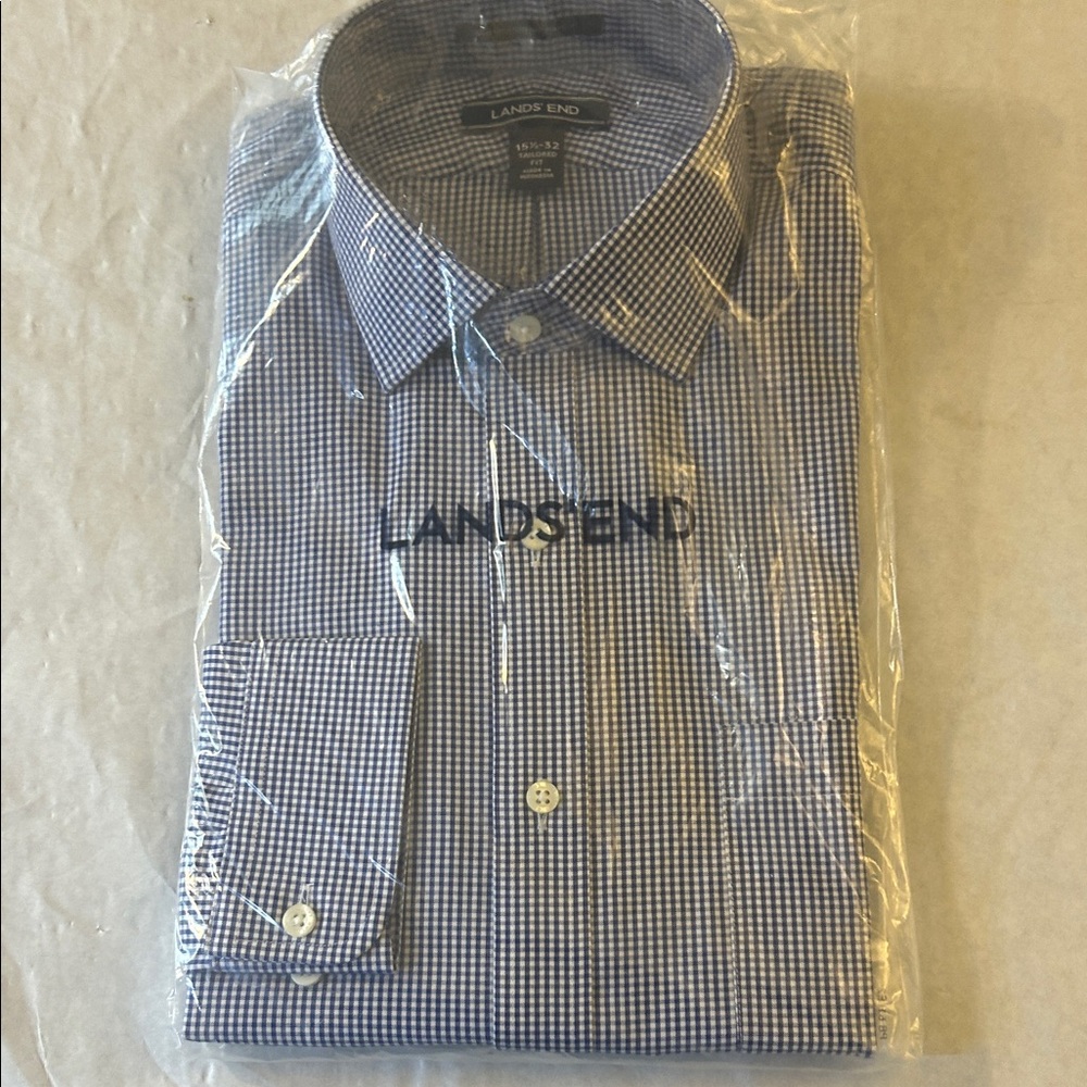 Lands' End Blue and White Check Men's Dress Shirt